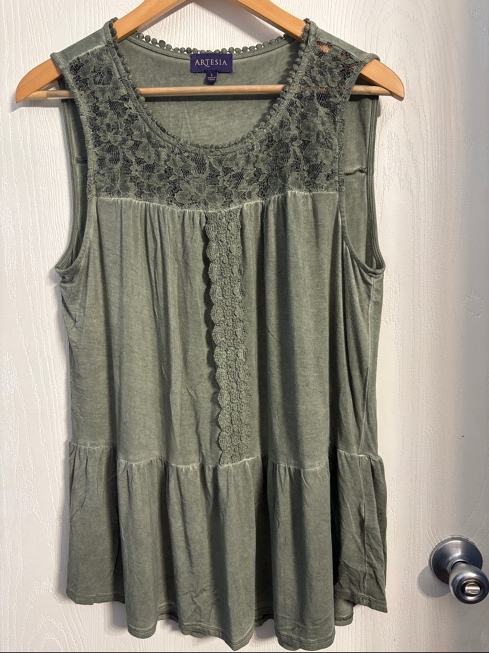 Olive Lace Yoke Sleeveless Tiered Tunic